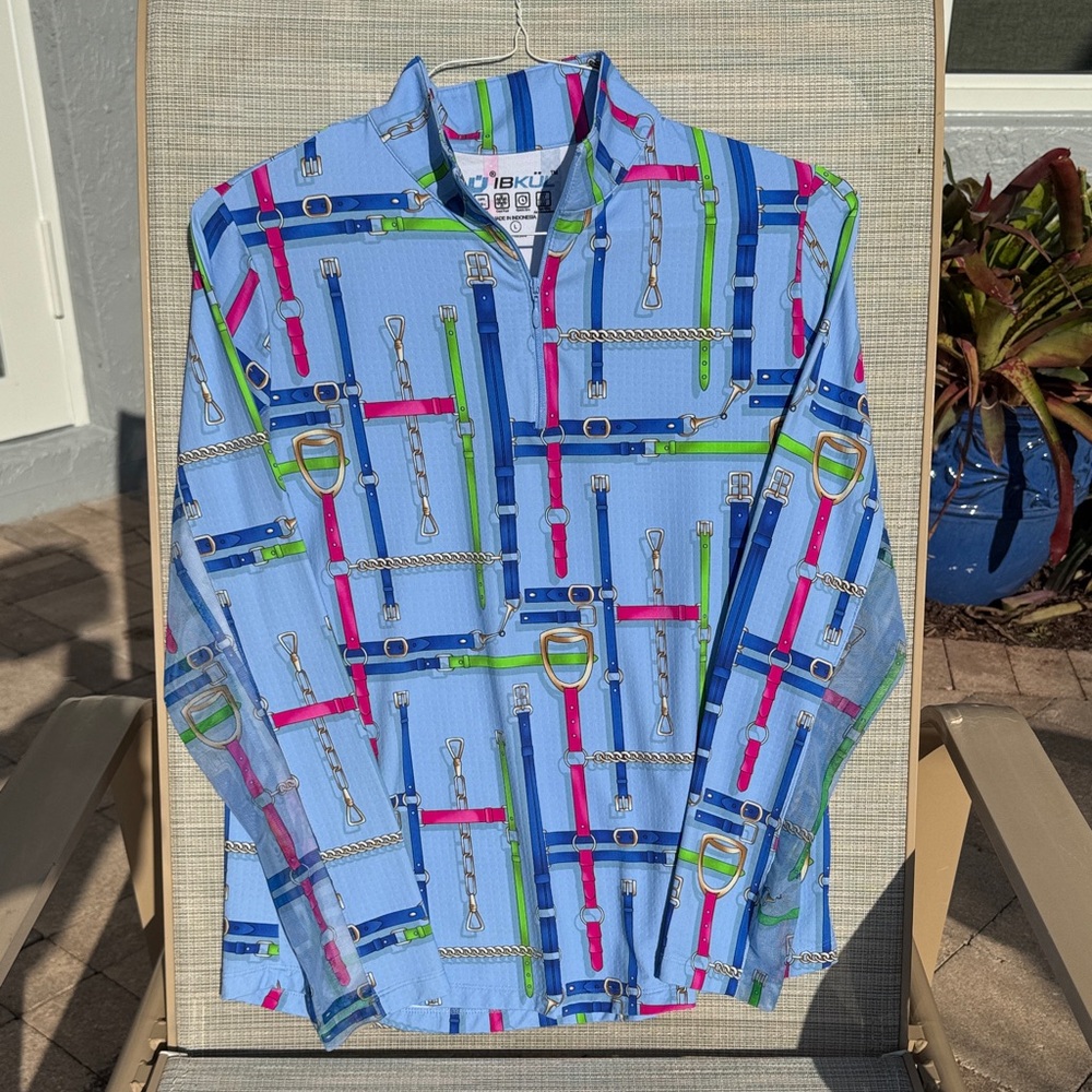 IBKUL Women's Blue and Green Patterned Shirt